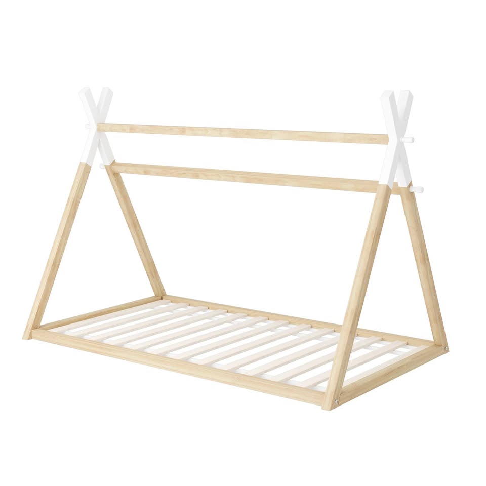 BF-W-B-TIP2-KS-WHWD Oikiture Kids Bed Frame Wooden Timber King Single Teepee House Frame Beds