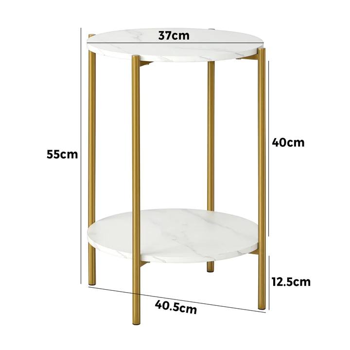 CTB-GINS-R40-WHGD Side End Table Coffee Sofa Bedside Nightstand Marble Round Dual-Tier