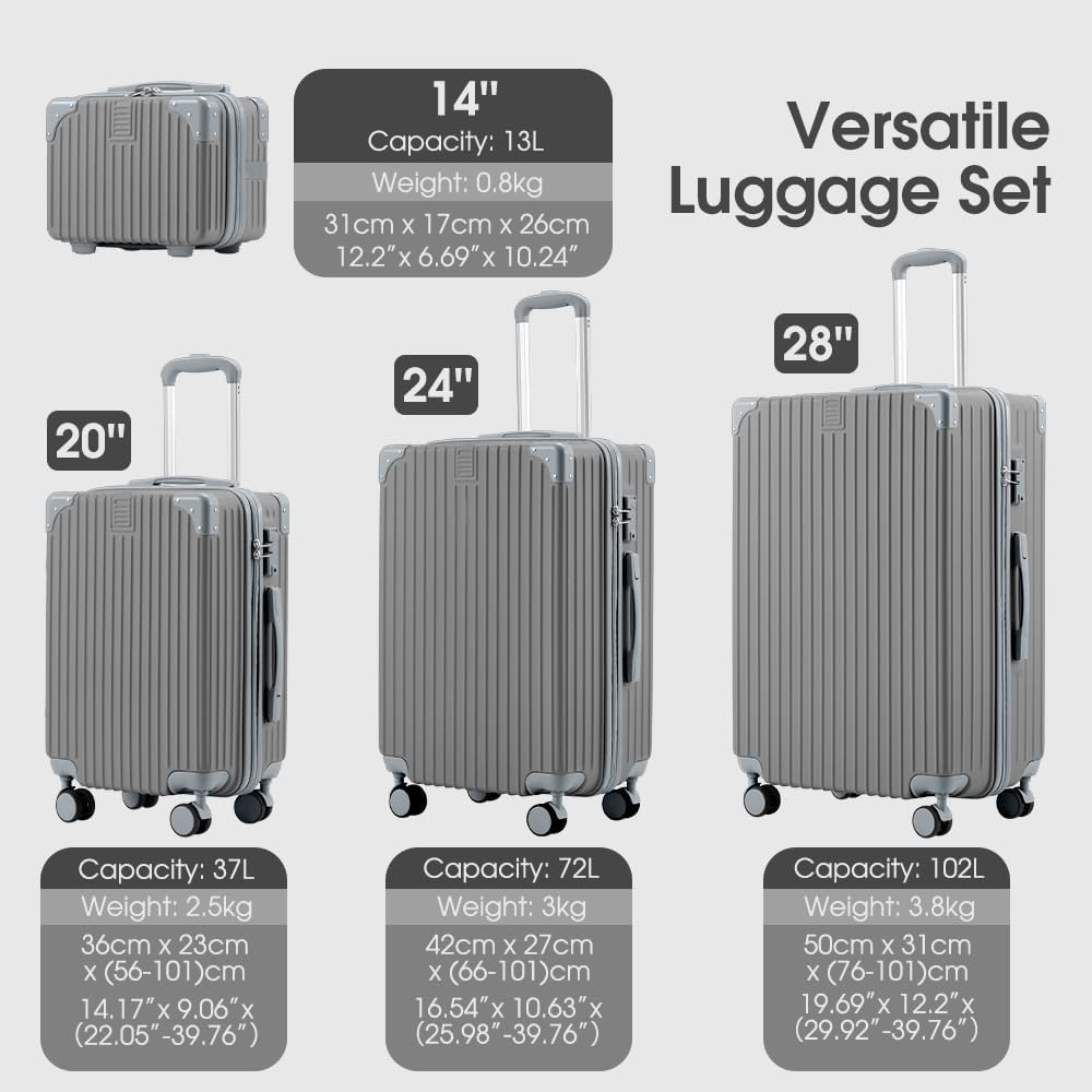 ZU-LGA4PC-GY ZUNI 4PCS Luggage Suitcase Trolley Set Travel TSA Lock Storage Hard Case