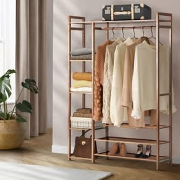WA-BM-120-BR Oikiture Clothes Rack Open Wardrobe Garment Coat Hanging Rail Bamboo 8 Shelves