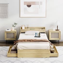 BF-MEXI-KS-WD-TC-ABC Oikiture King Single Bed Frame with Charging Ports & 2 Drawers Natural
