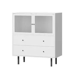 SB-UNIQ-8093-WH-AB Oikiture Sideboard Buffet Storage Cabinet Tempered Glass Door 2 Drawers White