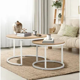 CTB-S4-7050-WDWH Oikiture Set of 2 Coffee Table Round Nesting Side End Table Natural and White