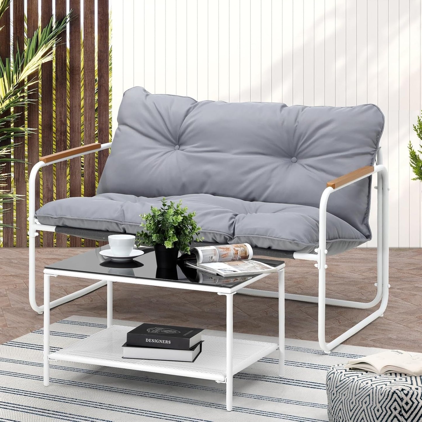 OPS-CASTO-SEATB-GYWH Living Fusion 2 Seater Aram Outdoor Lounge Set White and Light Grey