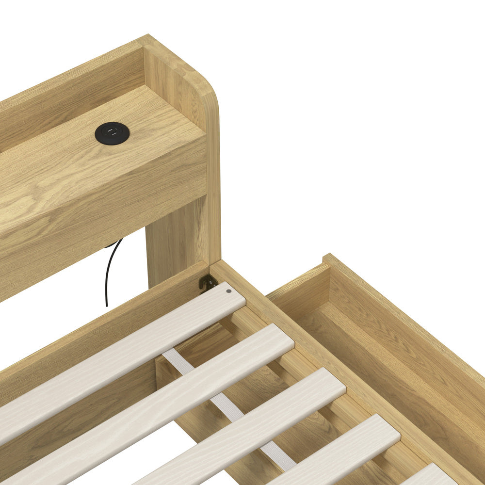 BF-MEXI-KS-WD-ABC Oikiture King Single Bed Frame with Charging Ports & 2 Drawers Natural
