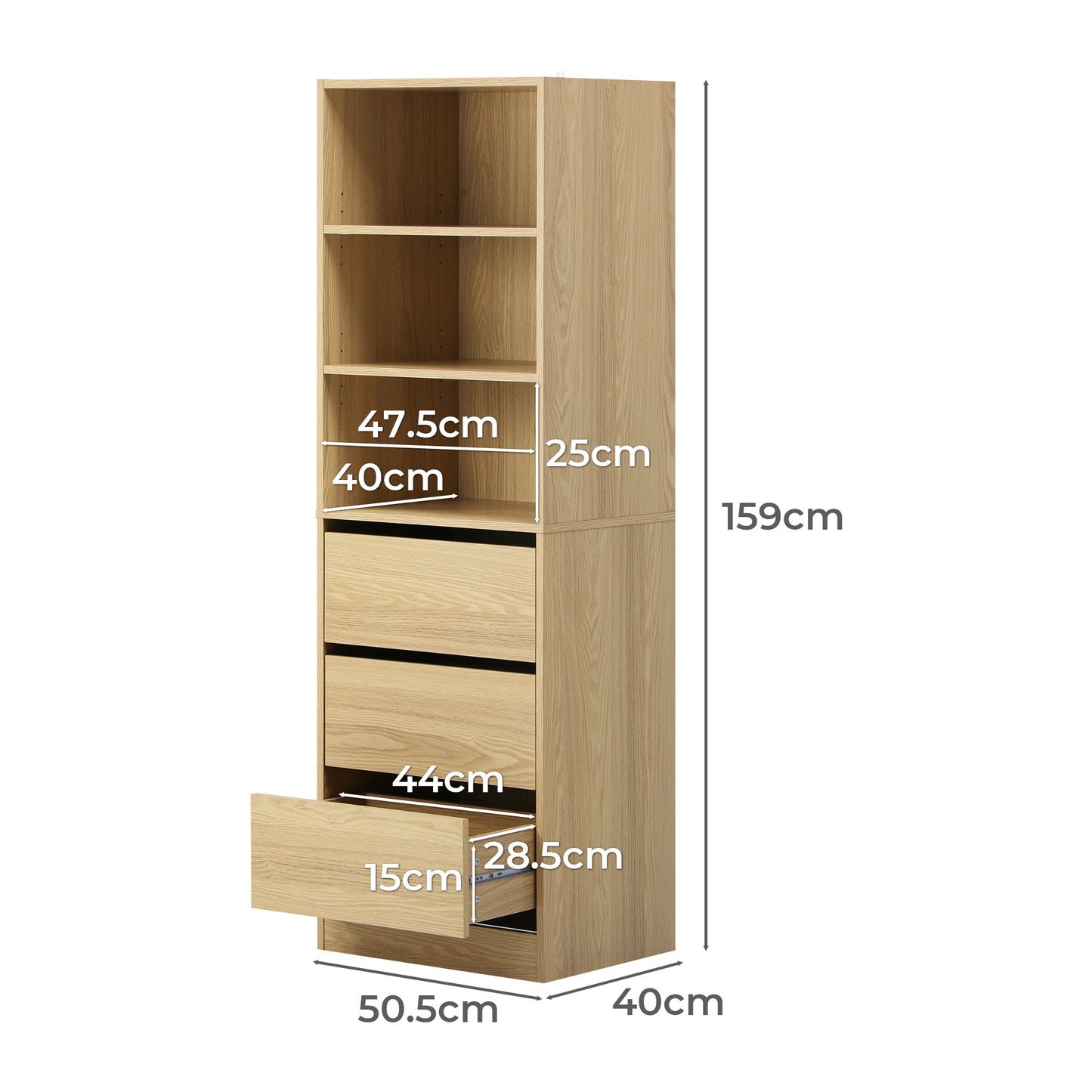 WA-MEXI-WD-AB Natural Color Cassandra 3 Shelf 3 Drawer Wardrobe