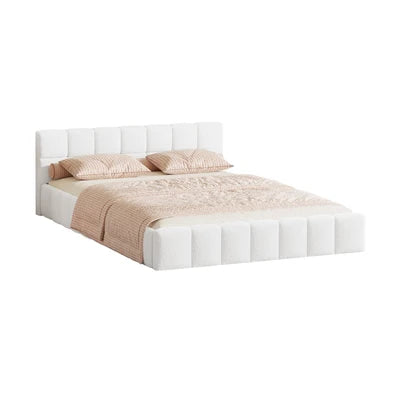 BF-B-BRED-D-SP-WH Oikiture Bed Frame Double Size Tufted Headboard White Boucle