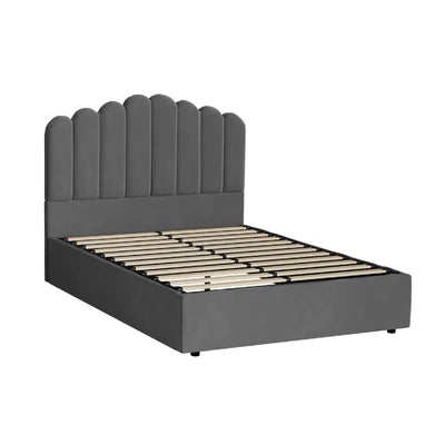 BF-B-KLON-Q-GY-ABC Oikiture Bed Frame Queen Size Gas Lift Bed Base With Storage Velvet KLON
