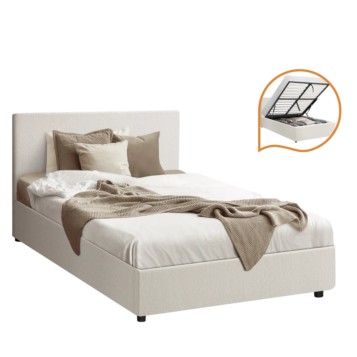 BF-B-UNO-S-WH-ABC Oikiture Single Bed Frame Gas Lift Storage Base White Boucle