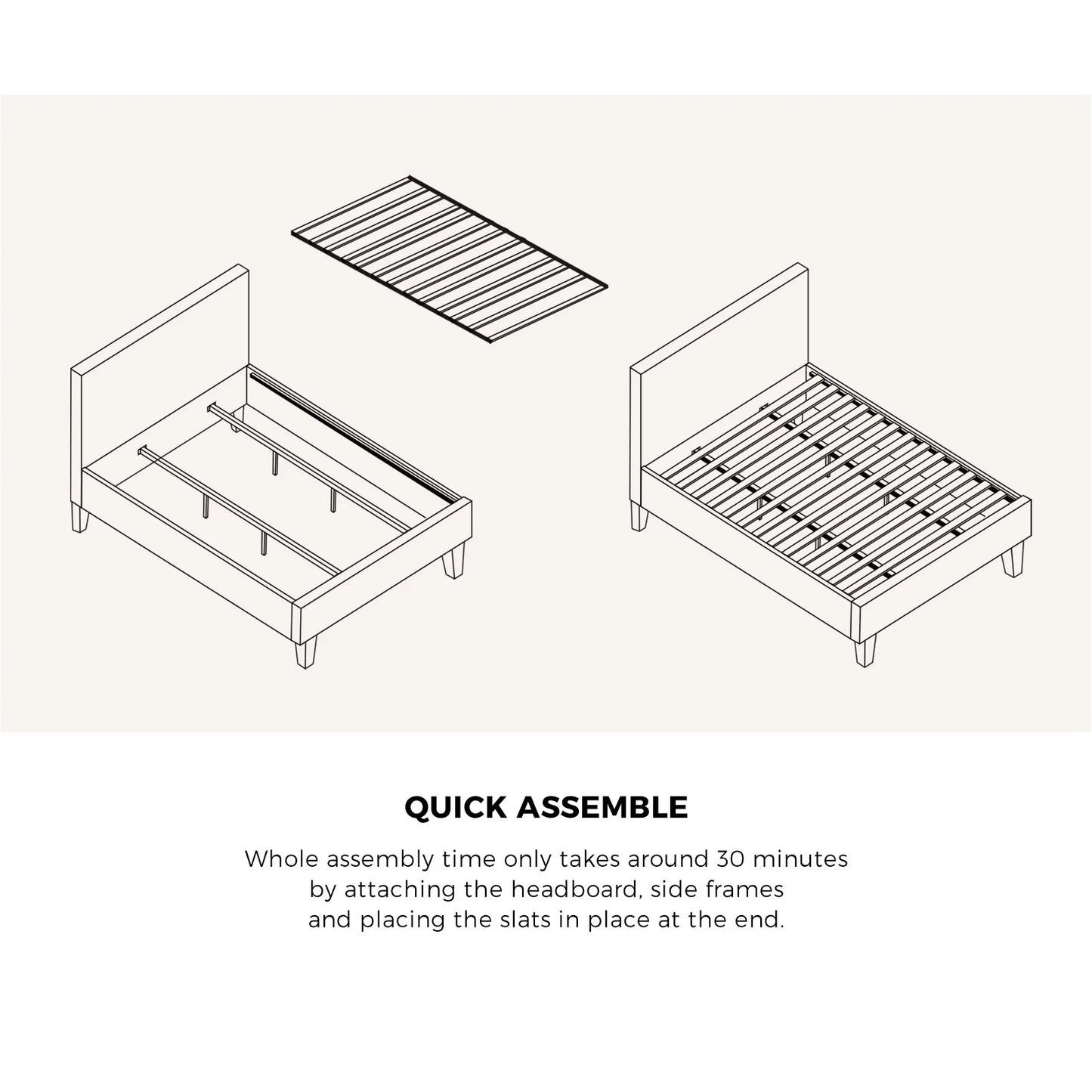 BF-B-VANK-K-SP-WH-AB Oikiture Bed Frame King Size Mattress Base Boucle Fabric Platform Wooden Slats