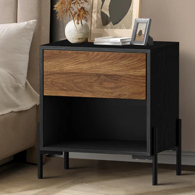 BT-KAMA-1D1S-WN Oikiture Bedside Table Drawer Nightstand Storage Open Shelf Walnut and Black