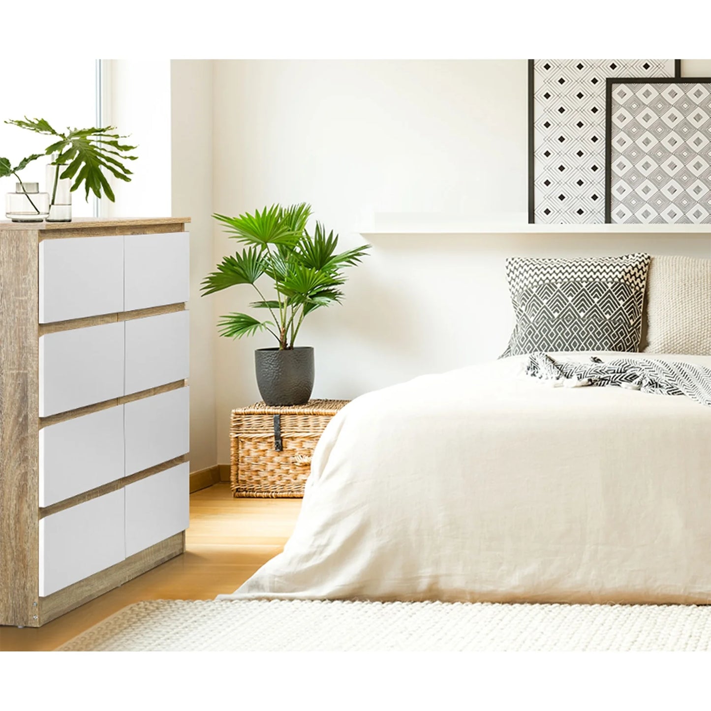 COD-PURI-8D-WHWD-AB Oikiture Chest of Drawers Tallboy Dresser Table Storage Cabinet Wooden White