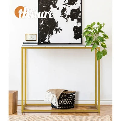 CST-VJ-LONI-GDWH Oikiture Console Table Marble-look Iron Hallway Desk Entry Display Gold&White