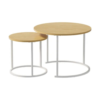 CTB-S2-6040-WDWH Oikiture Set of 2 Nesting Coffee Table Round Side End Tables Natural and White