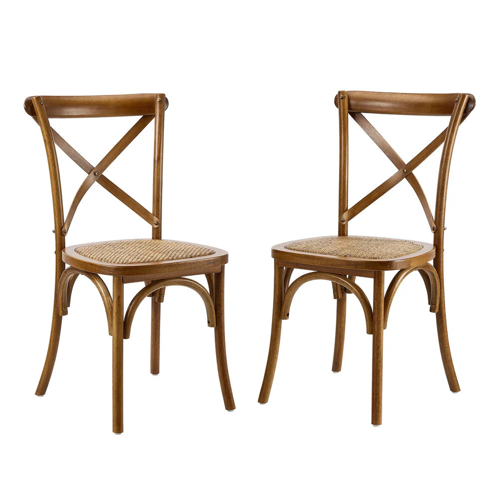 DCH-FJ-KRO-WN-2PC Oikiture 2PCS Crossback Dining Chair Solid Birch Timber Wood Rattan Seat Walnut