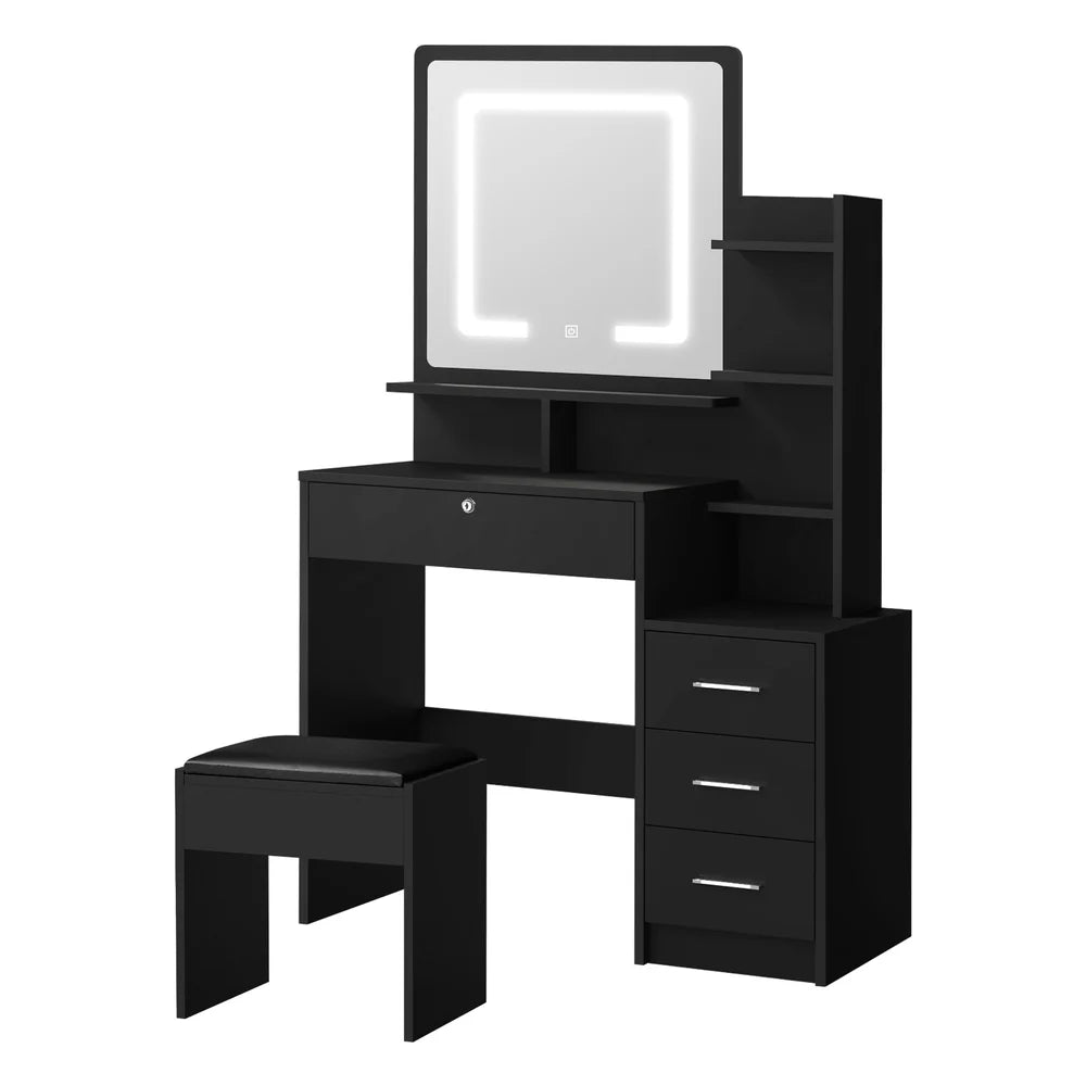 DT-ST-B16-BK Oikiture Dressing Table Stool Set Makeup Mirror LED Light Storage Cabinet Black