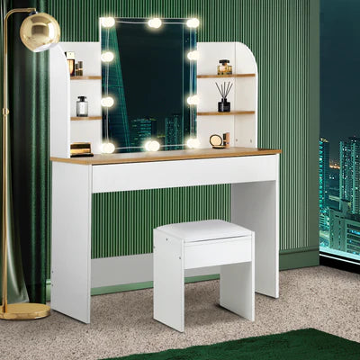 DT-ST-B2-WH-AB Dressing Table Stool Set Makeup Mirror Storage Drawer 10LED Bulbs White