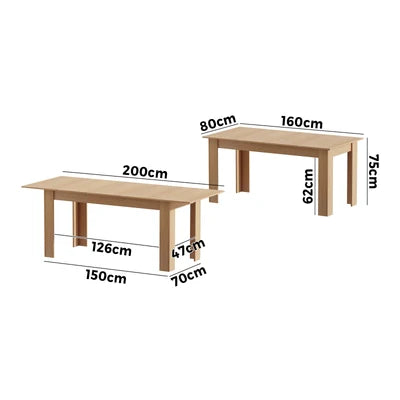 DTB-EX200-WD-AB Oikiture 200cm Extendable Dining Table Kitchen Restaurant Cafe Table Natural