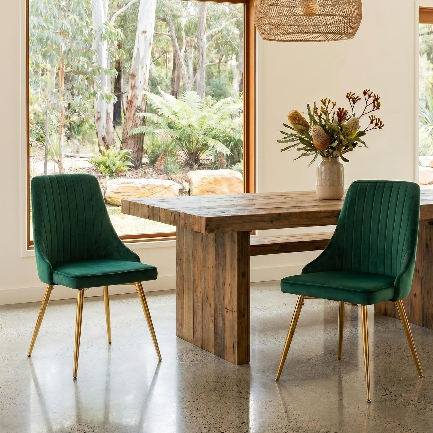 DNC-414V-GRN-02 Viva Forever Set of 2 Green Velvet Dining Chairs-Art Deco Design with Gold Metal Legs