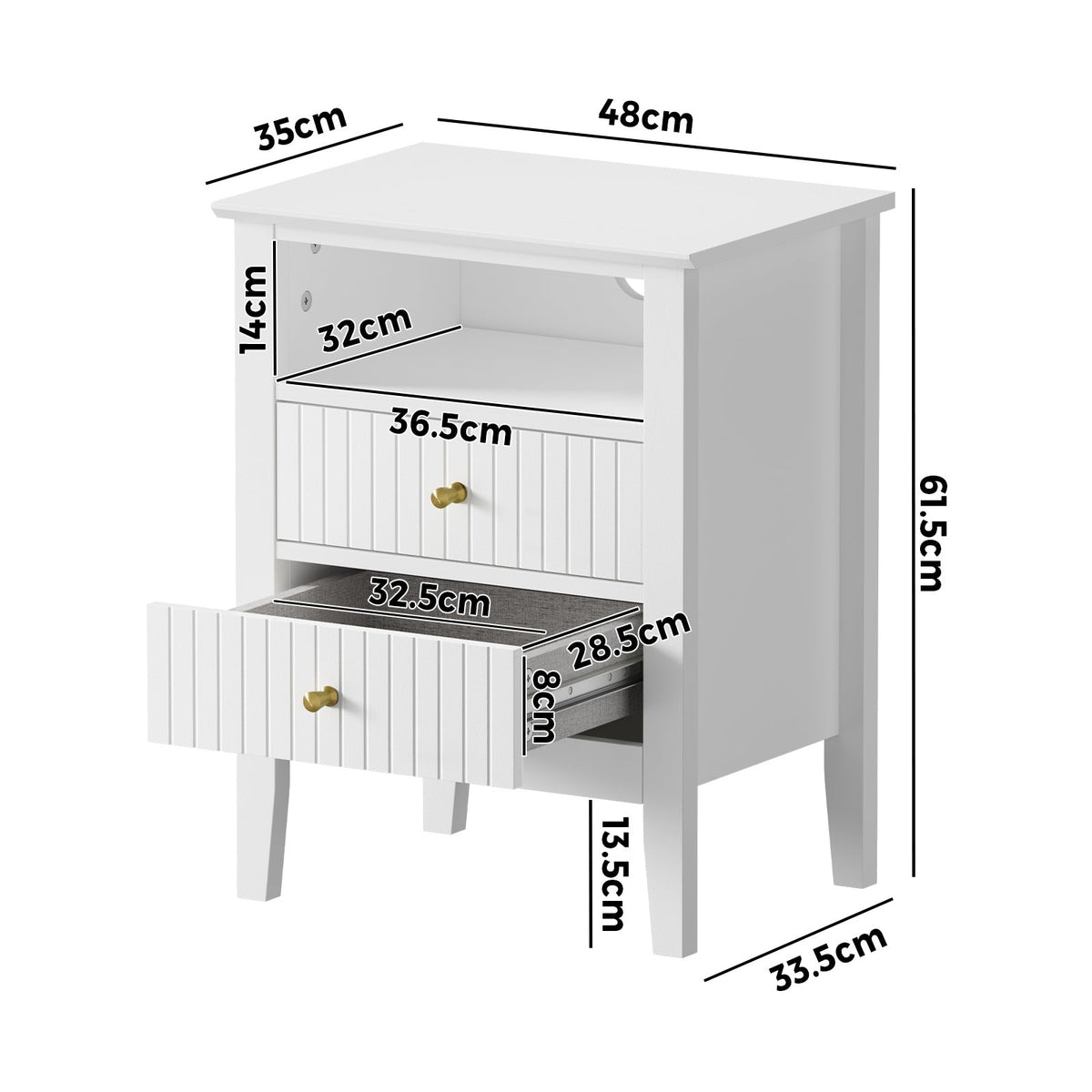 BT-PRIN-SELF2-WH Oikiture Bedside Table Nightstand 2 Drawer with Shelf Storage Cabinet White