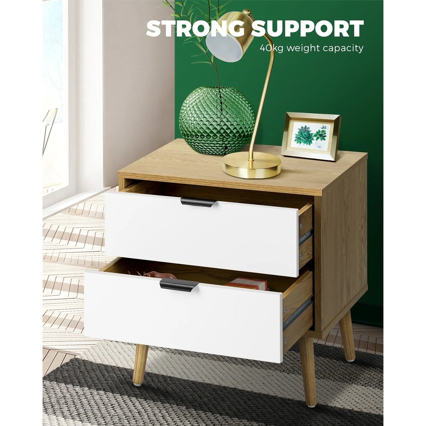 BT-A11-WHWD Oikiture Bedside Tables Side Table Nightstand Storage Cabinet Wood