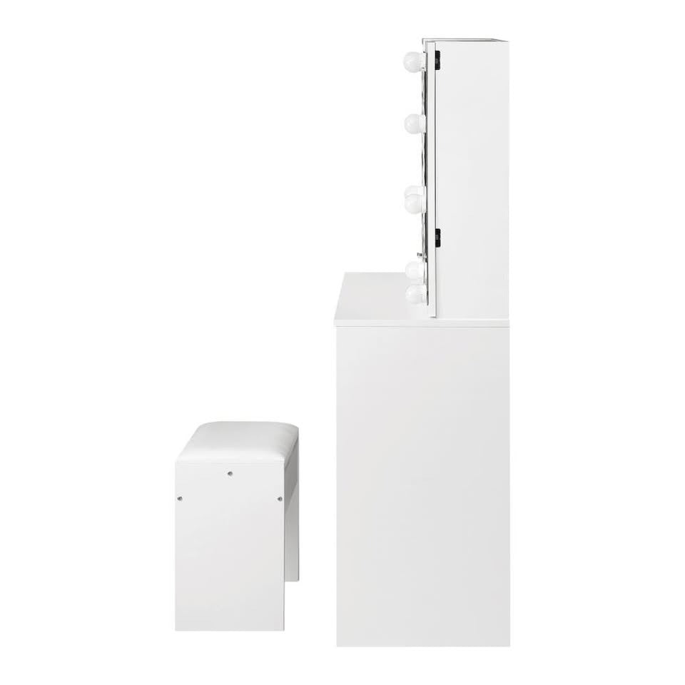 DT-ST-B11-WH-AB Oikiture Dressing Table Stool Set Makeup Slide Mirror Drawer 10 LED Bulbs White