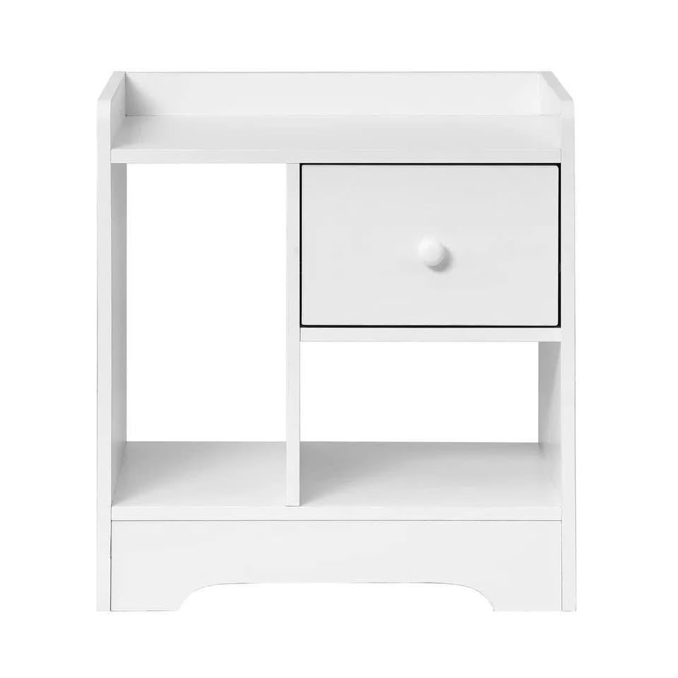 BT-SHEE-WH Oikiture Bedside Tables Side Table White Nightstand Storage Drawer Shelf Bedroom