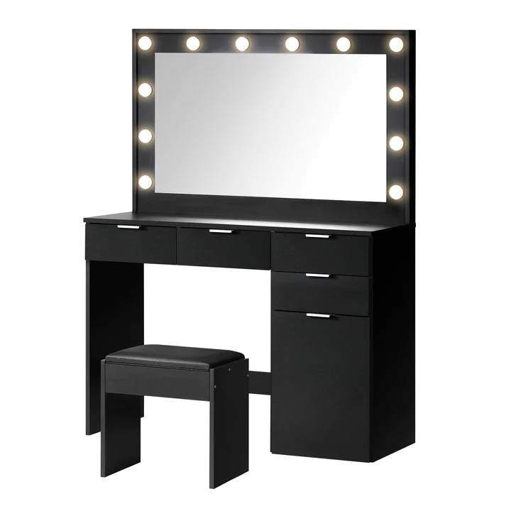 DT-ST-B18-BK-AB Oikiture Dressing Table Stool Set Large Mirror 12 Bulbs Black