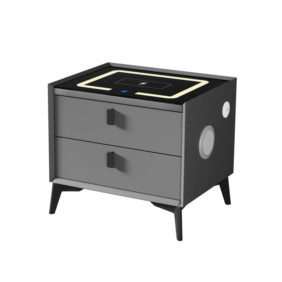 BT-GG-SMA1-50-2D-GY Oikiture Smart Bedside Table Wireless Charging LED 2 Drawers Nightstand Grey