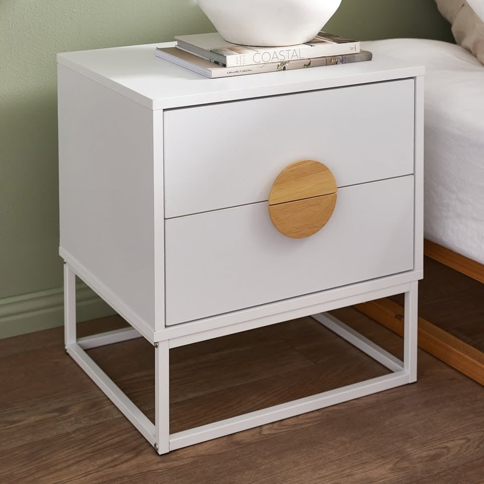 BT-COMO-2D-WH Living Fusion Dalton 2-Drawer Bedside Table Wooden Handles Metal Leg White