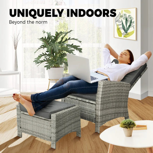 ODR-FW-CHFTR-GY Livsip Outdoor Recliner Chairs Sun Lounge Wicker Sofa Patio Furniture Garden