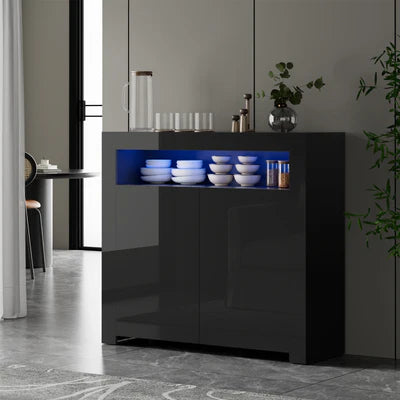 SB-BD-LEED-BK-AB Oikiture Buffet Sideboard Storage Cabinet LED RGB High Gloss 2 Doors Black