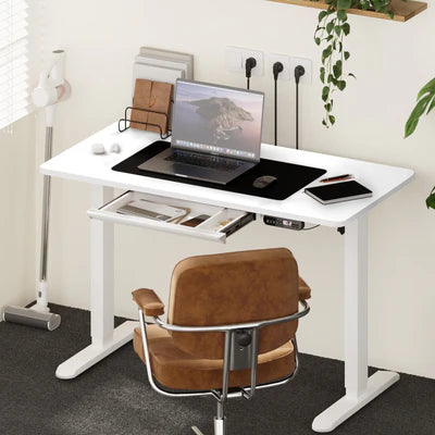 SD-LEG-120M-WH+DB-SLIM-12-WH+DB-DRAW-PLS-WH Oikiture 120cm Electric Standing Desk With Drawer Adjustable Height White
