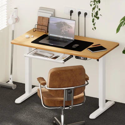 SD-LEG-140M-WH+DB-SLIM-14-OAK+DB-DRAW-PLS-WH Oikiture 140cm Electric Standing Desk With Drawer Adjustable Office Table White
