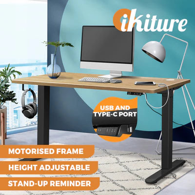 SD-LEG-M2-BK+DB-12-OAK Oikiture Electric Standing Desk Motorised Height Adjustable Office Desk USB Port