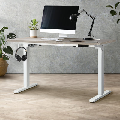 SD-LEG-M2-WH+DB-14-GYOAK Oikiture Electric Standing Desk Motorised Height Adjustable Office Desk USB Port
