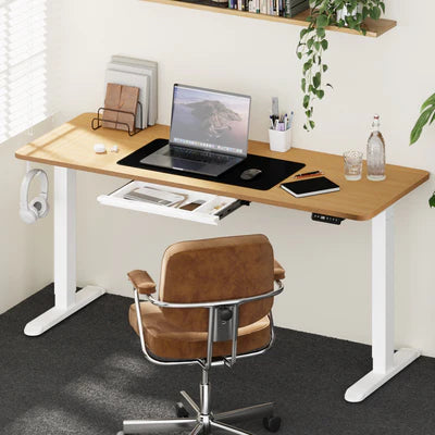 SD-LEG-M1-WH+DB-16-OAK+DB-DRAW-PLS-WH Oikiture 160cm Standing Desk With Drawer Motorized Adjustable Office Table White