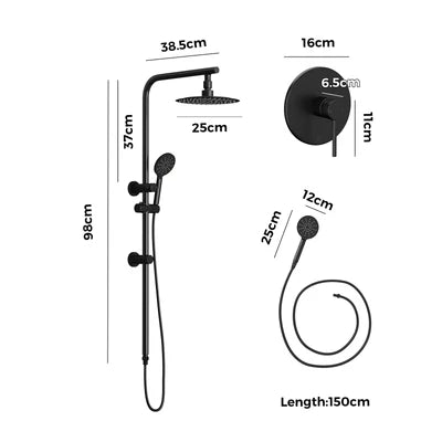 SH-LG-RO-250-MIX-BK Welba 10" Rain Shower Head Set Round Handheld With Shower Mixer Tap Black