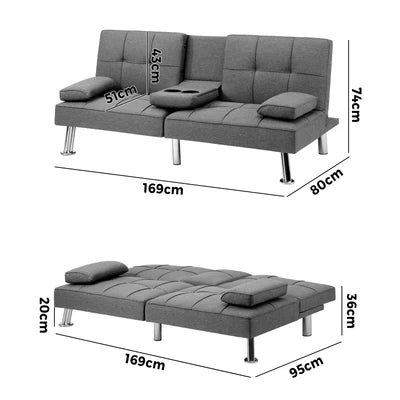SOF-APPO-GY-AB Oikiture Sofa Bed Lounge 3 Seater Futon Couch Beds Recliner Cup Holder Fabric