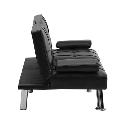 SOF-APPO-LEA-BK-AB Oikiture Sofa Bed Lounge Leather 3 Seater Futon Couch Beds Sofabeds Cup Holder