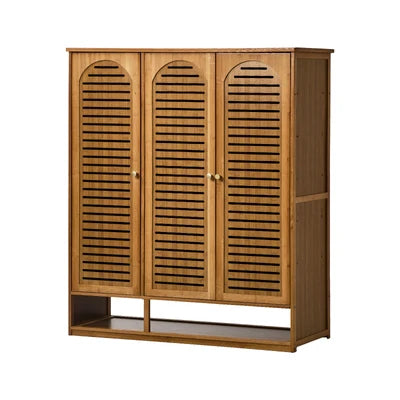 SS-BM-ARCH-3D-BR Oikiture Shoe Storage Cabinet 3 Doors Bamboo Shoe Organiser Shelf Brown