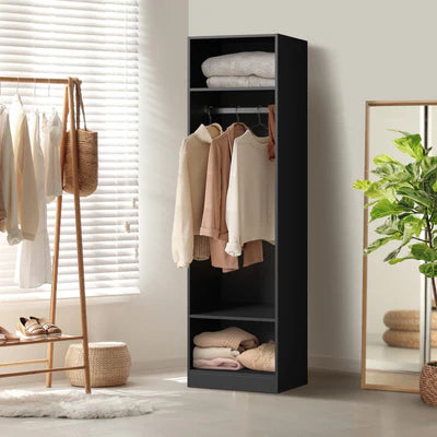 WA-MEXI-185G1-BK-AB Oikiture Open Wardrobe Shelf Unit 3 Shelves Hanging Rail Black