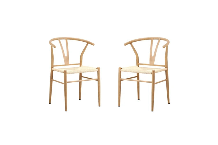 DCH-YCH-MET-WD-2PC Oikiture 2x Dining Chair Metal Hans Wegner Chair Wishbone Cafe Lounge Beige