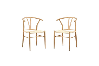 DCH-YCH-MET-WD-2PC Oikiture 2x Dining Chair Metal Hans Wegner Chair Wishbone Cafe Lounge Beige