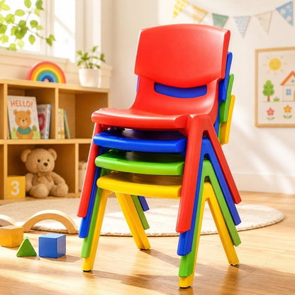 KPF-CHAIR-4PC-BRGY 4x Colorful Stackable Kids Plastic Chairs Set Lightweight Preschool Classroom Chairs for Toddlers and Children Keezi Set of 4 Kids Play Chairs Blue Red Green Yellow