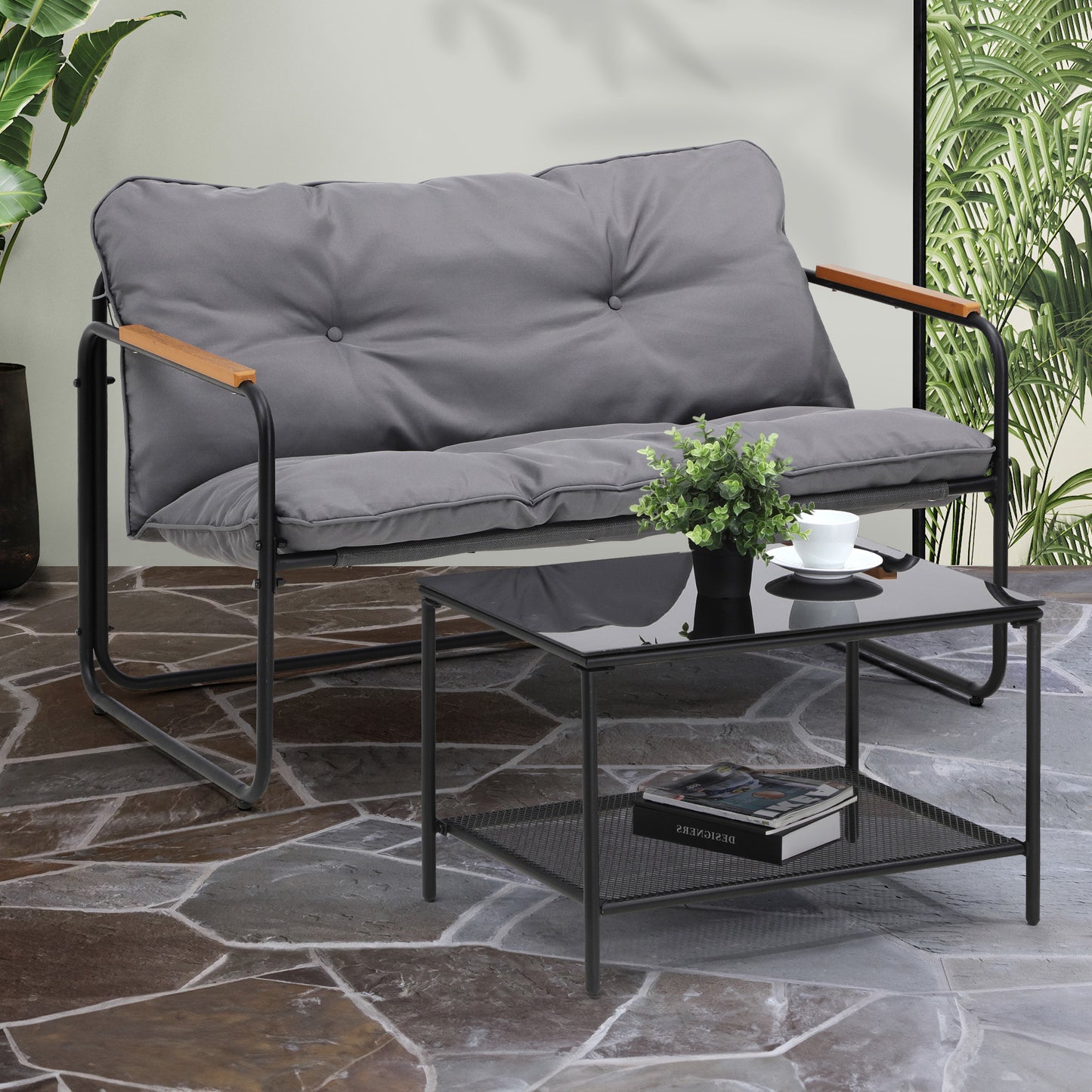 OPS-CASTO-SEATB-GY Living Fusion 2 Seater Aram Outdoor Lounge Set Black and Dark Grey