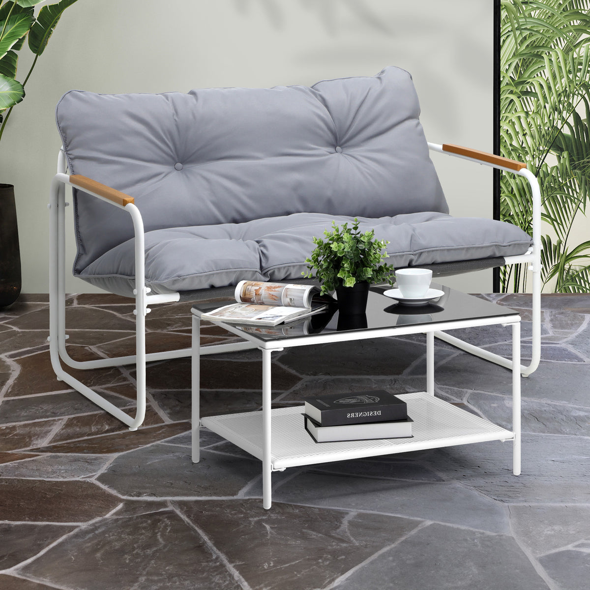 OPS-CASTO-SEATB-GYWH Living Fusion 2 Seater Aram Outdoor Lounge Set White and Light Grey