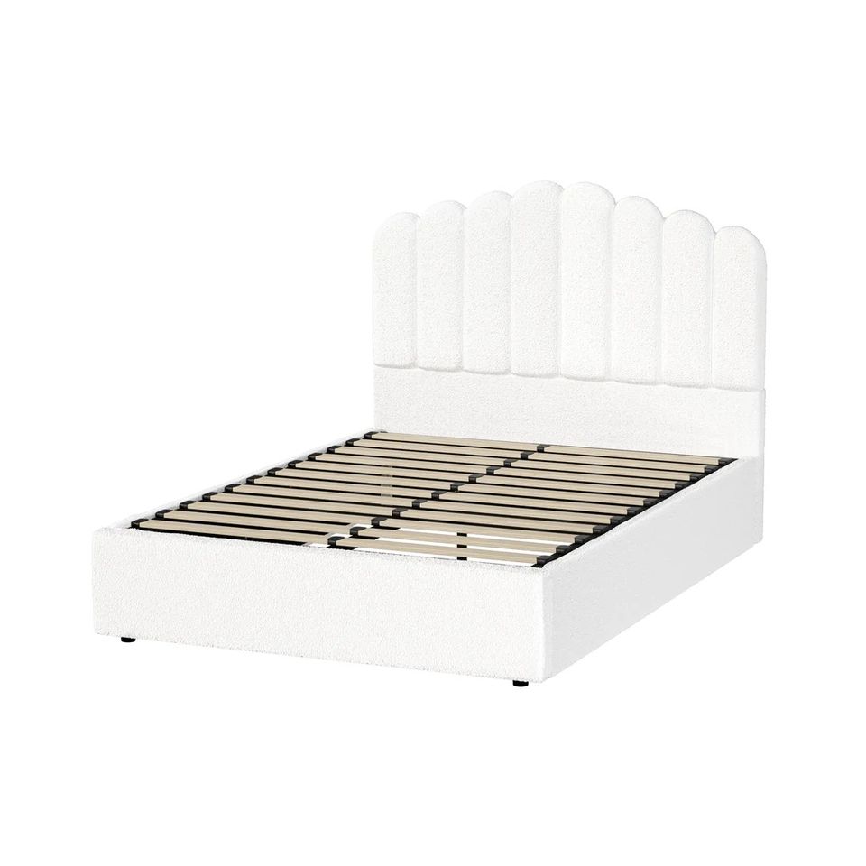 BF-B-KLON-D-WH-ABC Oikiture Bed Frame Double Size Gas Lift Bed Base With Storage Velvet KLON