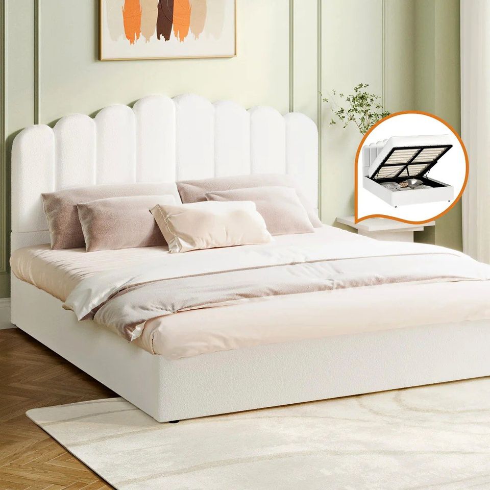 BF-B-KLON-D-WH-ABC Oikiture Bed Frame Double Size Gas Lift Bed Base With Storage Velvet KLON