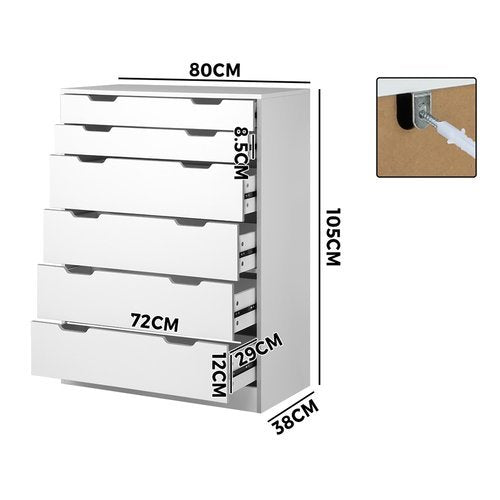 COD-BD-PMA-6D-WH-AB Oikiture 6 Chest Of Drawers Tallboy White